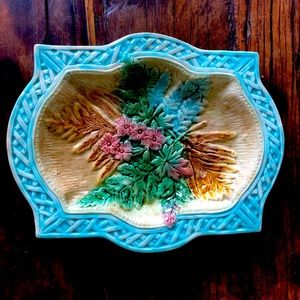 Vintage Majolica Fern & Basket Weave Edge Platter